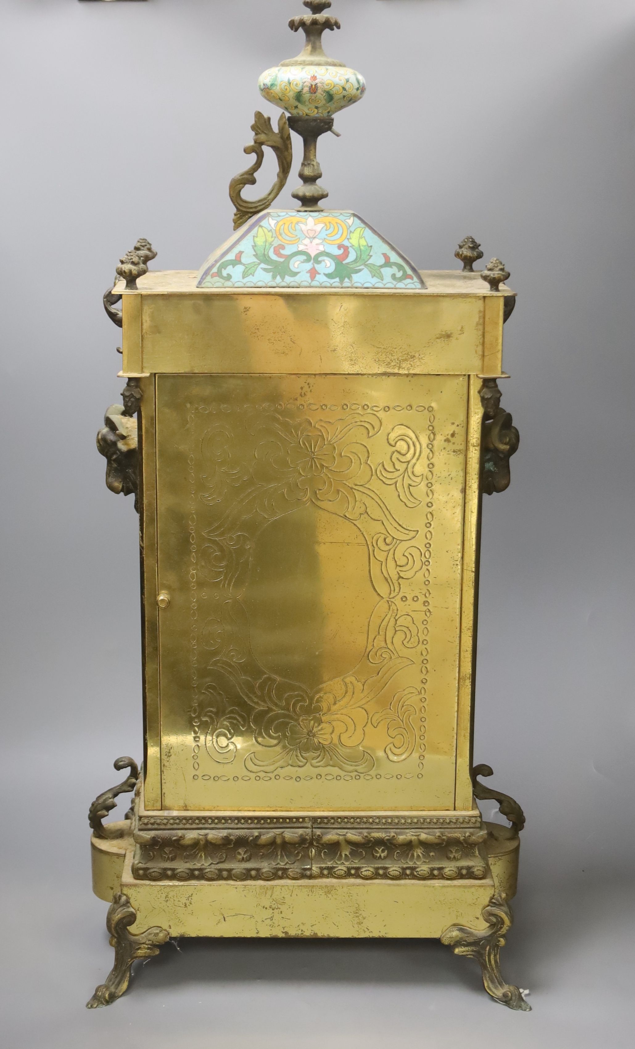 A brass and cloisonné enamel mantel clock, height 67cm